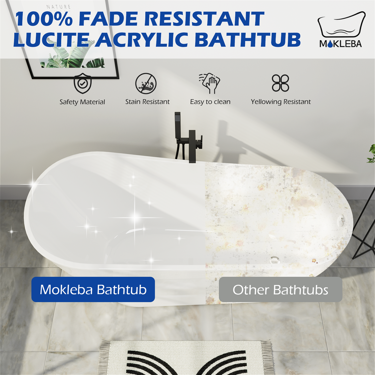 100% Fade Resistant Lucite Acrylic Bathtub 63 Inch
