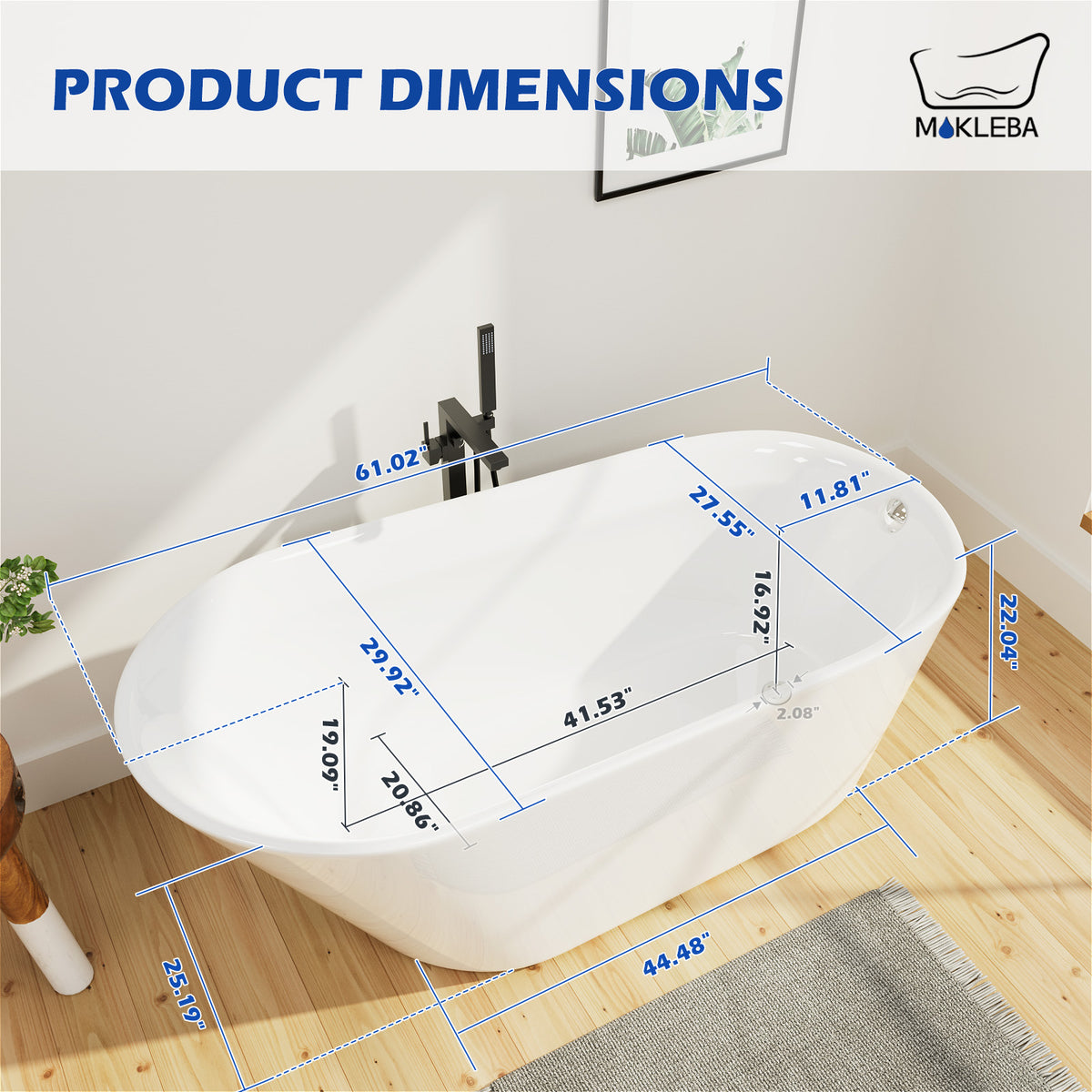 Mokleba 61" Freestanding Single Slipper Tub Dimensions