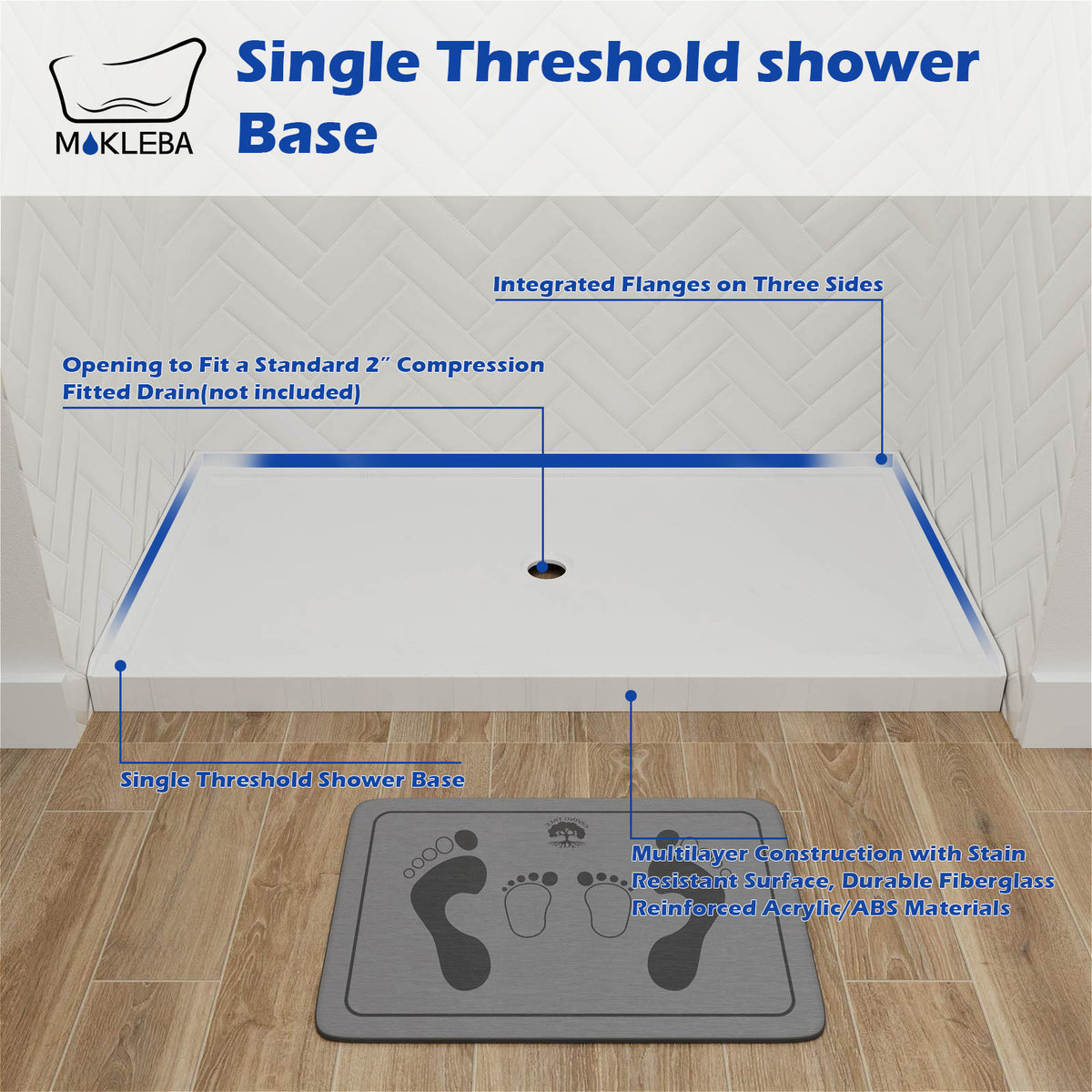 Mokleba 60"x36" Center Drain Anti-Slip Shower Pan