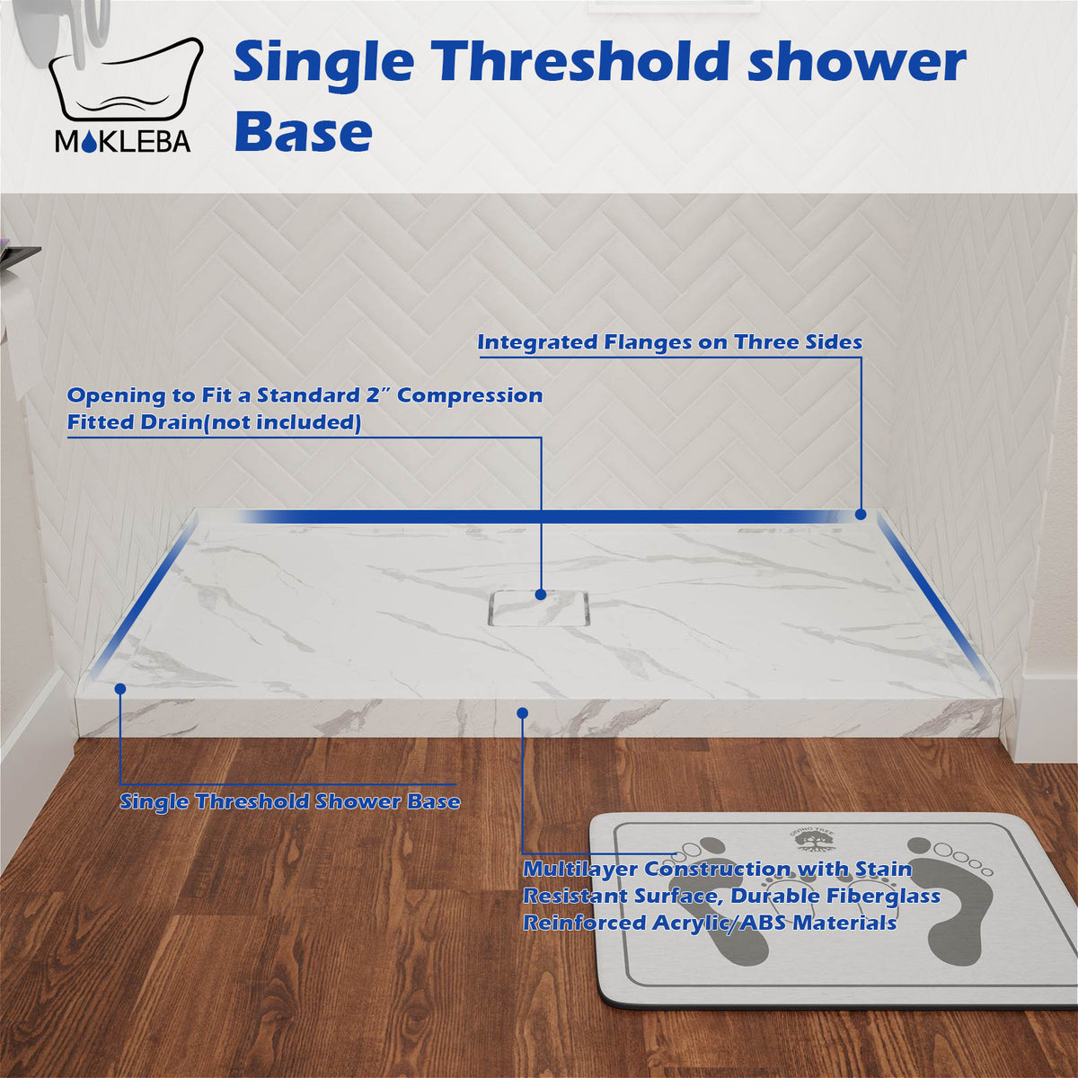 Mokleba 60"x36" Center Drain Square Outlet Shower Pan