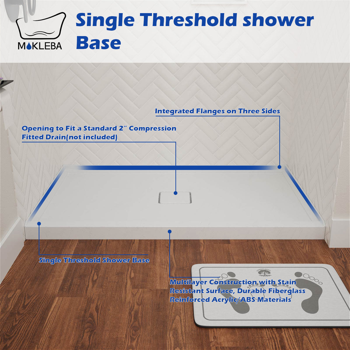 Mokleba 60"x36" Center Drain Square Outlet Shower Pan