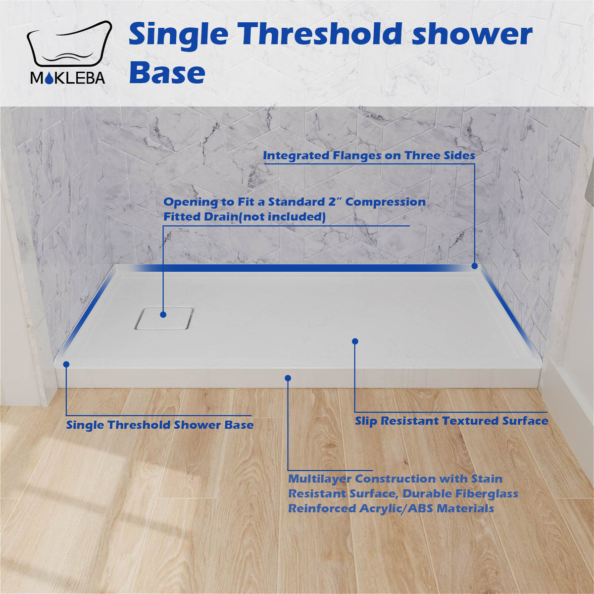 Mokleba 60"x32" Left Drain Shower Pan with Slip Resistant Rock Texture
