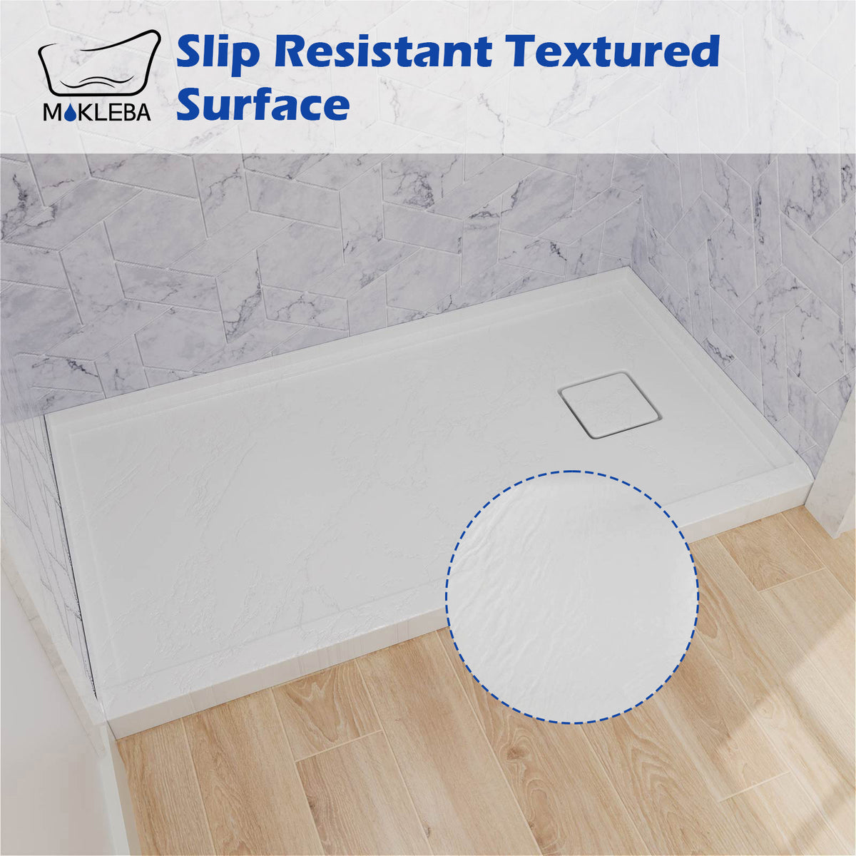 Mokleba 60"x32" Right Drain Shower Pan with Anti-Slip Rock Texture