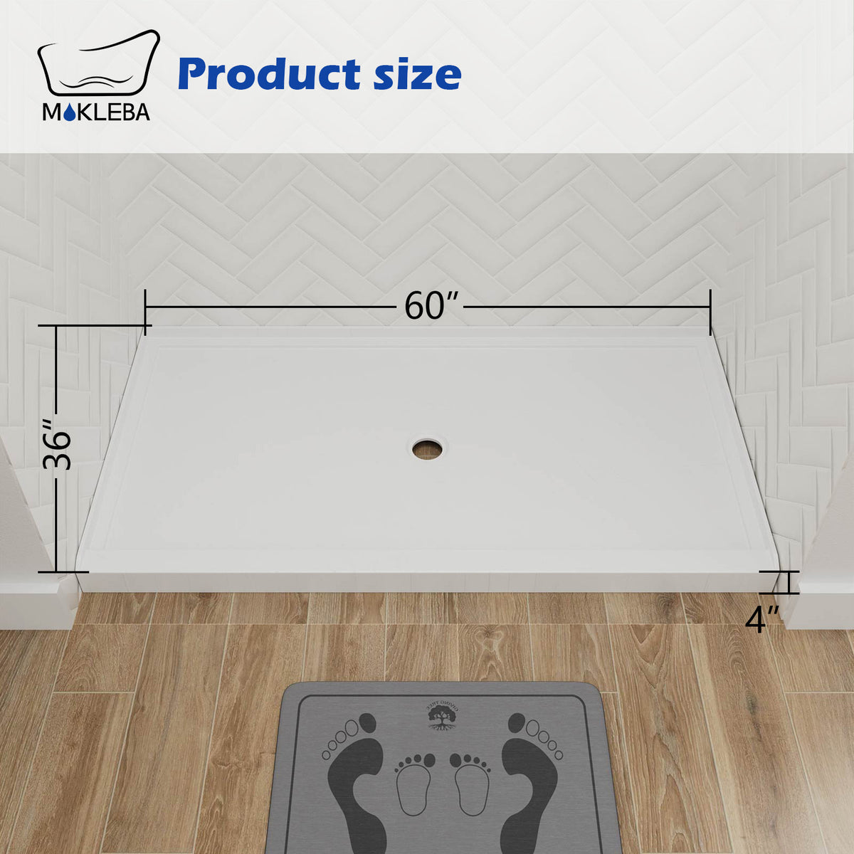 Mokleba 60"x36" Center Drain Anti-Slip Shower Pan
