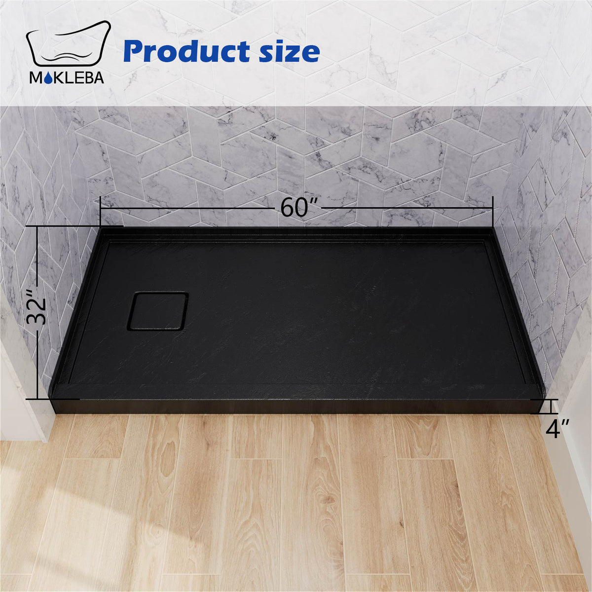 Mokleba 60"x32" Left Drain Shower Pan with Slip Resistant Rock Texture