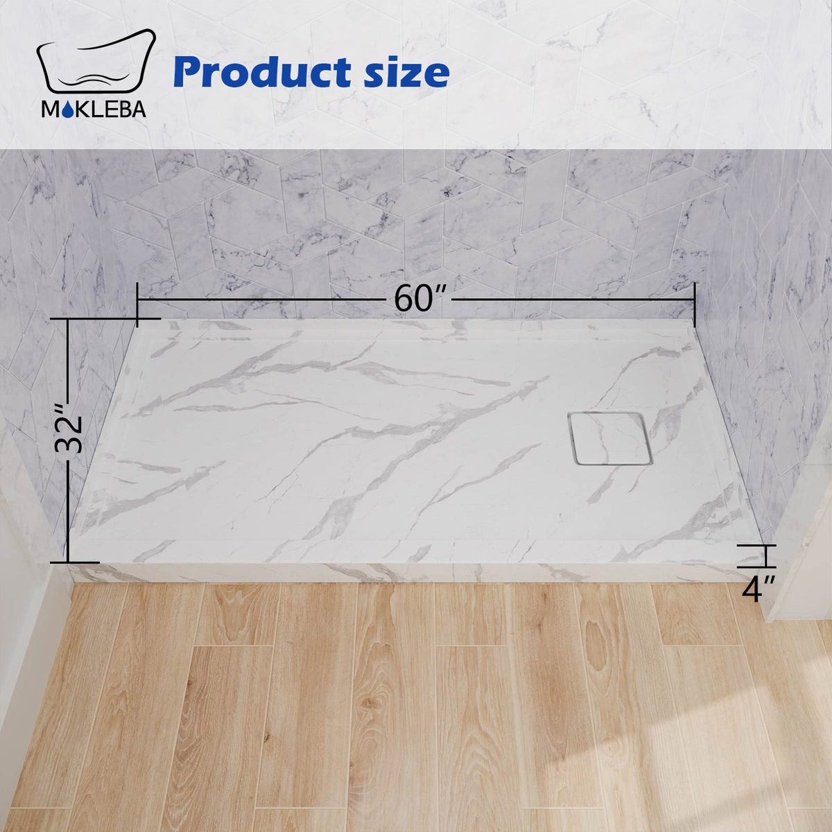 Mokleba 60"x32" Right Drain Shower Pan with Anti-Slip Rock Texture