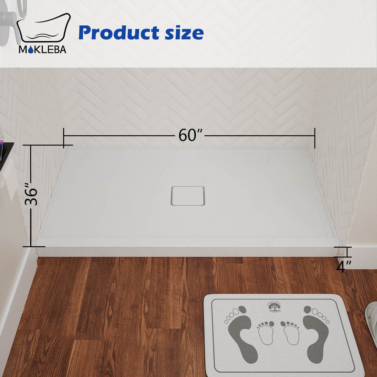 Mokleba 60"x36" Center Drain Square Outlet Shower Pan