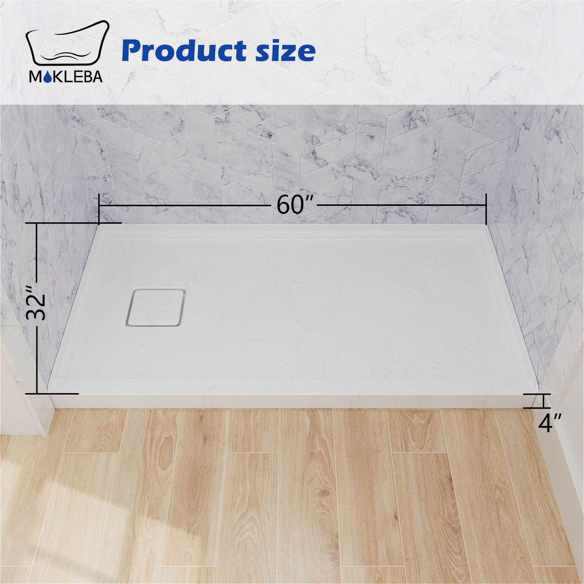 Mokleba 60"x32" Left Drain Shower Pan with Slip Resistant Rock Texture