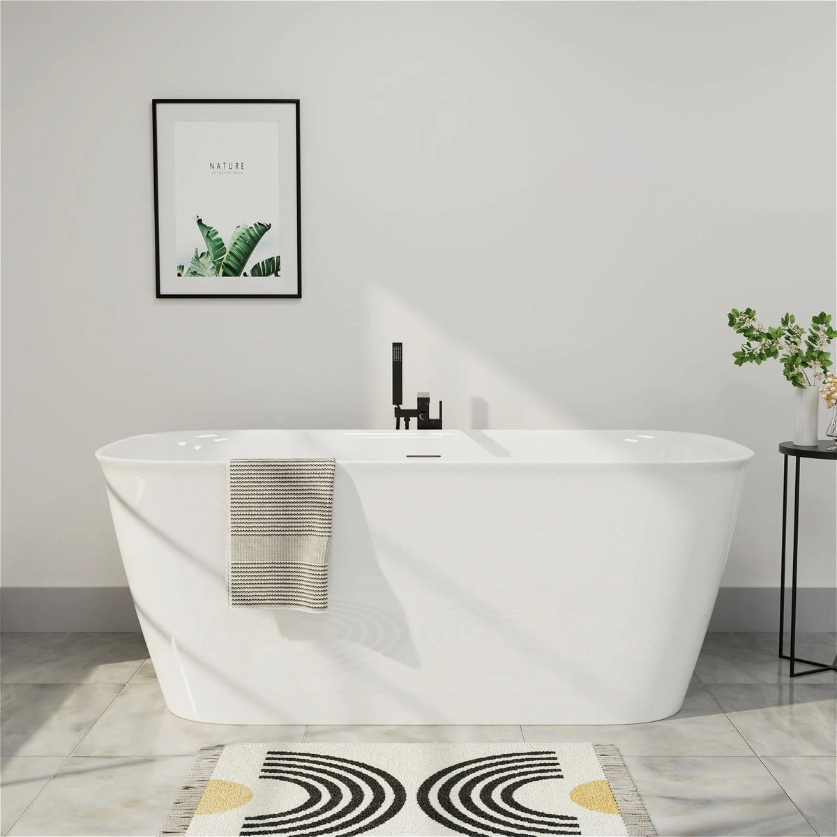 59 Inch Rectangular Acrylic Freestanding Soaking Bathtub Flatbottom Design with Center Drain