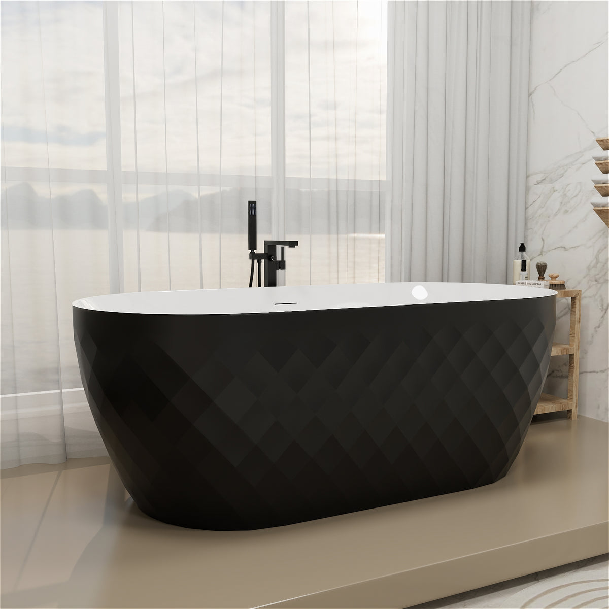 59" Acrylic Freestanding Tub with Black Diamond Design