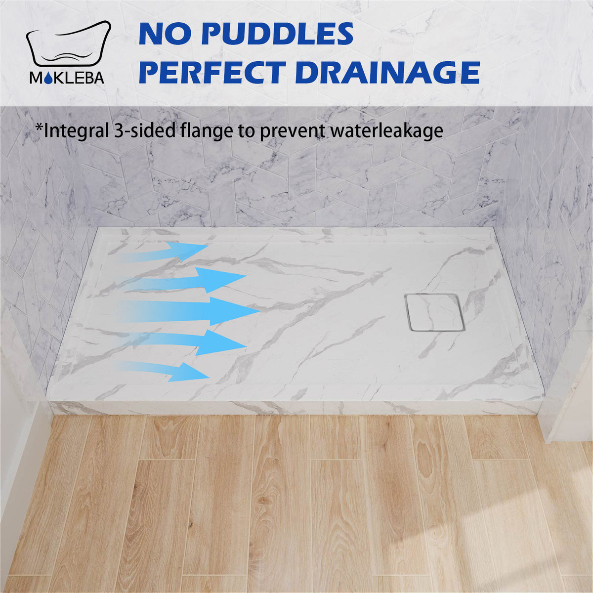 Mokleba 60"x32" Right Drain Shower Pan with Anti-Slip Rock Texture
