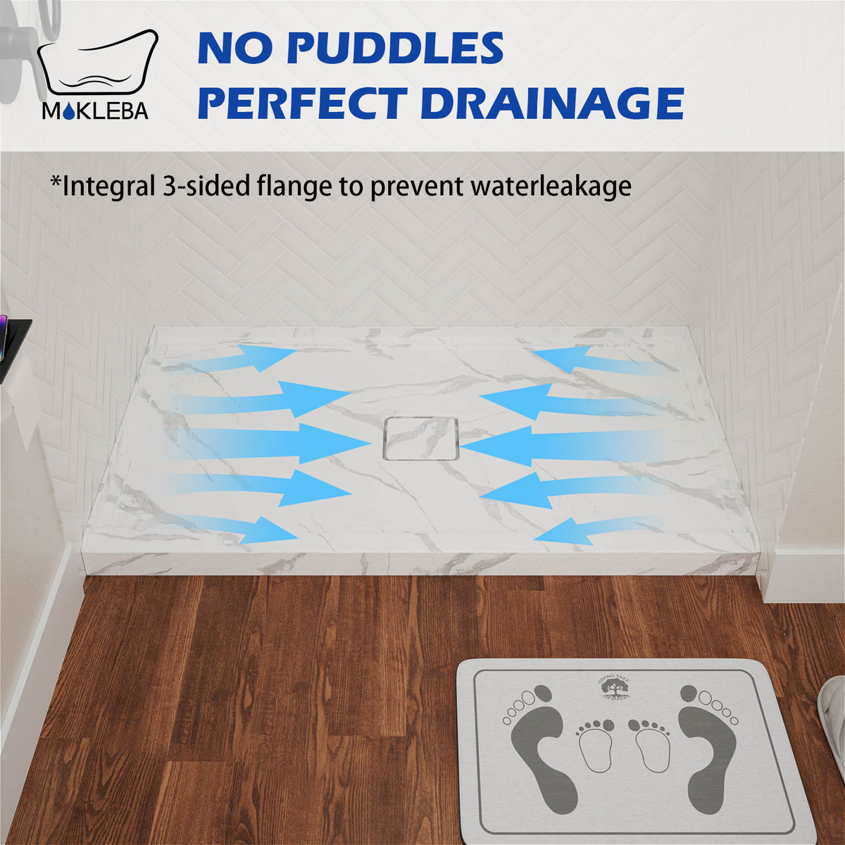Mokleba 60"x36" Center Drain Square Outlet Shower Pan
