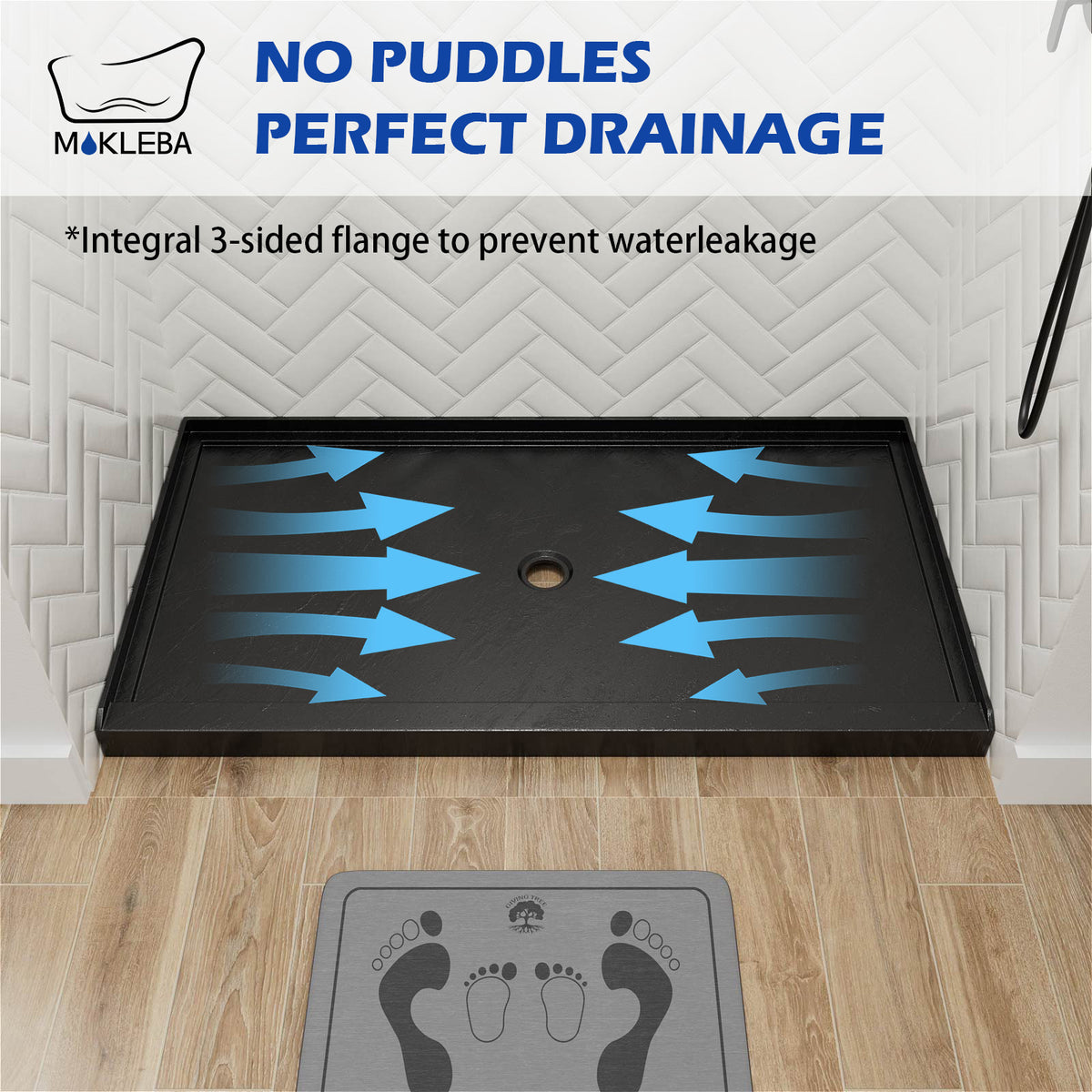Mokleba 60"x36" Center Drain Anti-Slip Shower Pan
