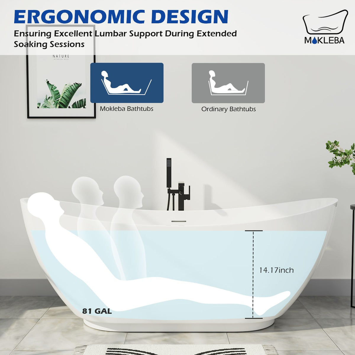 62" Double Slipper Freestanding Acrylic Soaking Tub Ergonomic Design