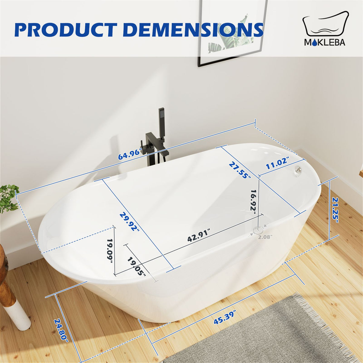 65" Acrylic Single Slipper Bathtub Product Dimensions