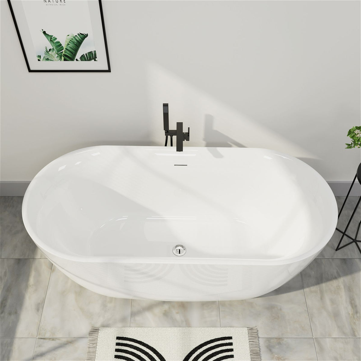 67" Large Oval Acrylic Soaking Bathtub With Chrome Drain
