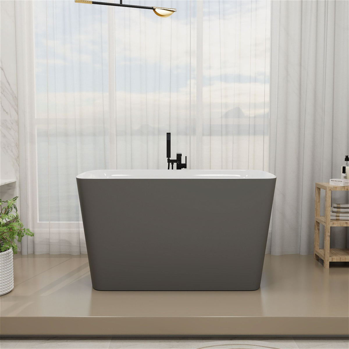 Acrylic Freestanding Square Japanese Soaking Tub with Seat and Toe-Tap Drain, Matte Gray