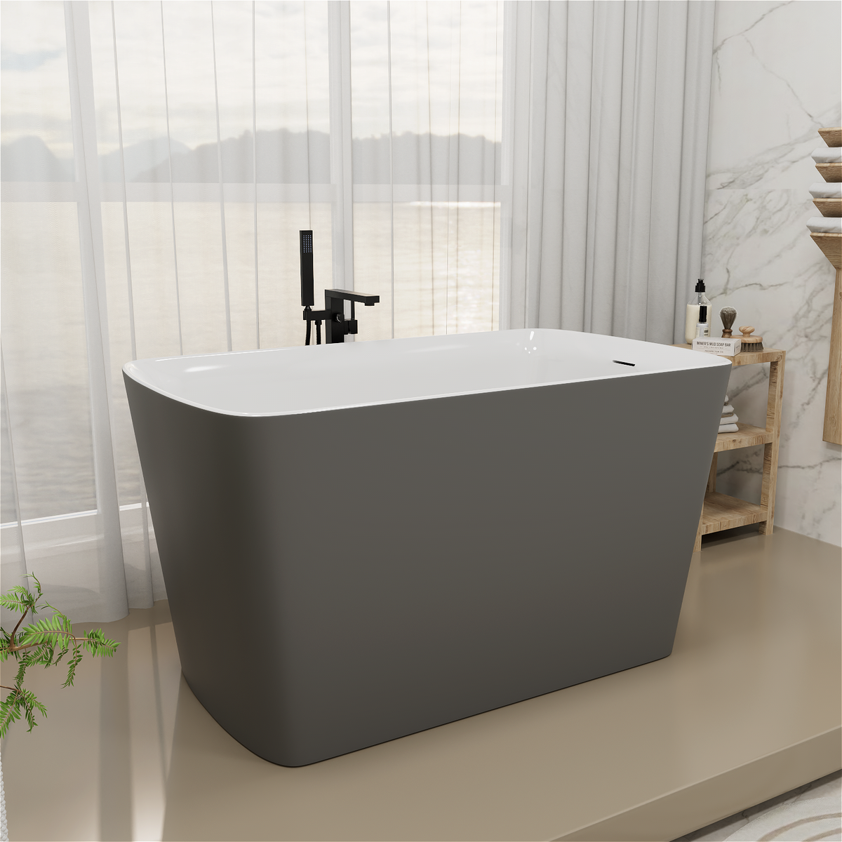 Acrylic Square Japanese Soaking Tub with Seat and Toe-Tap Drain, Matte Gray
