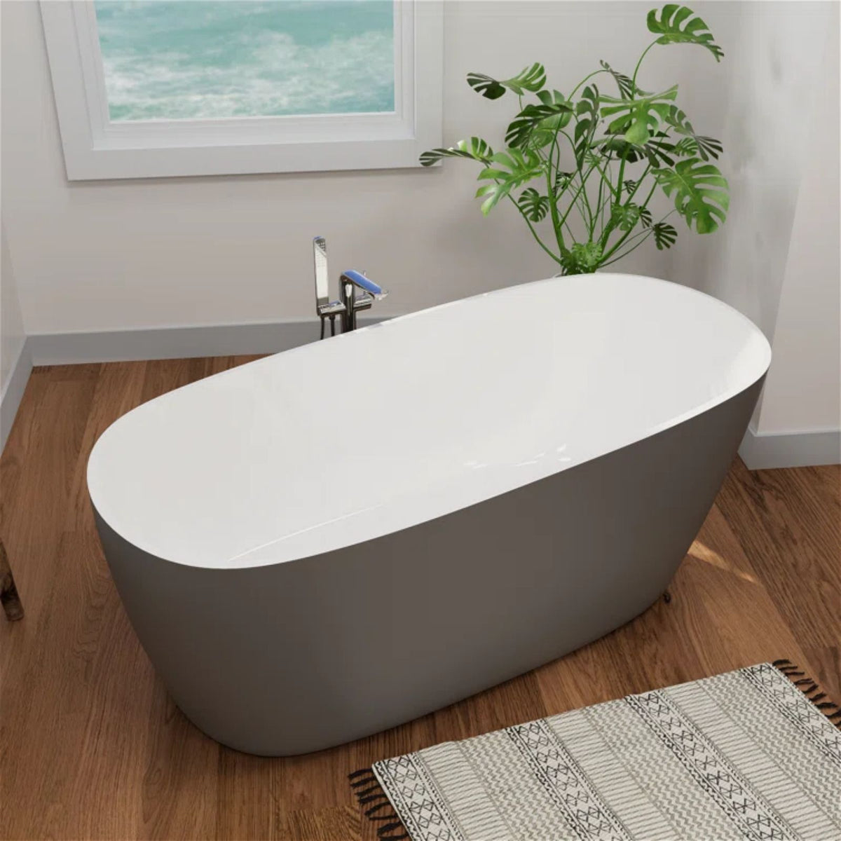 Mokleba Gray Single Slipper Freestanding Acrylic Soaking Bathtub