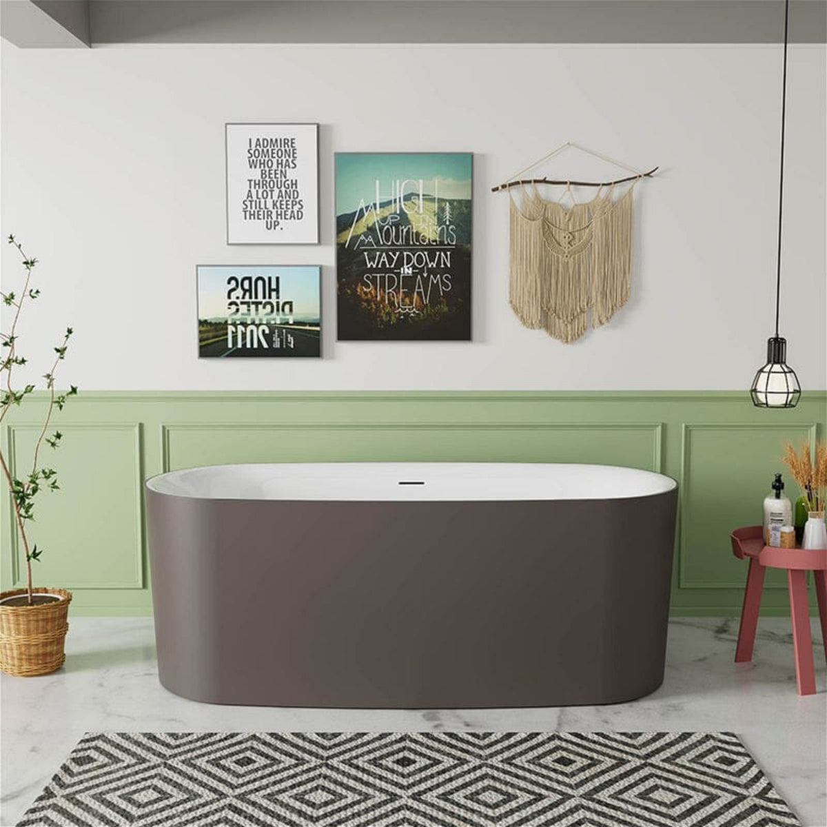 Mokleba 59 Inch Oval Solid Surface Brown Soaking Bathtub with Non-toxic Crack-resistant