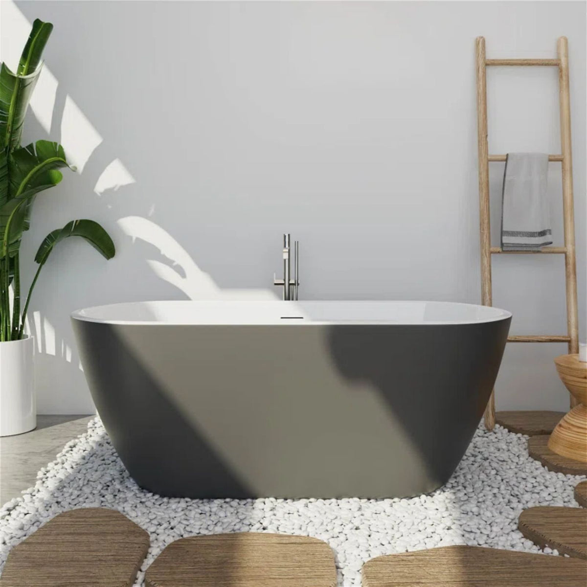 Mokleba 59L x 29W Freestanding Oval Double Slipper Soaking Bathtub Drain Gray