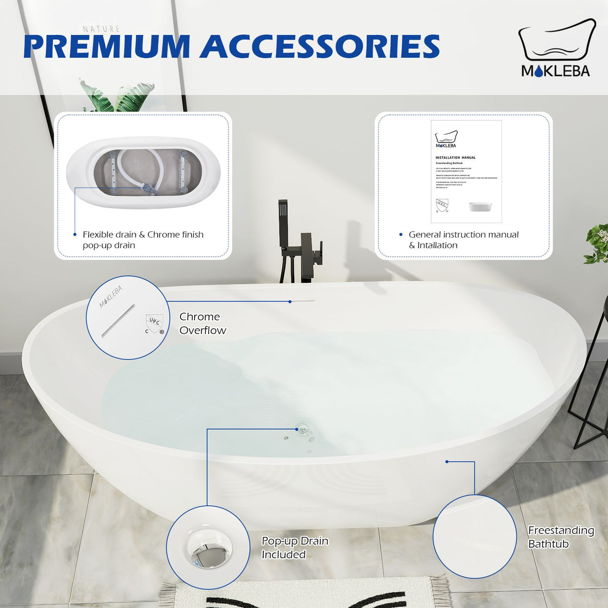Mokleba 62" Double Slipper Lucite Acrylic Freestanding Soaking Tub