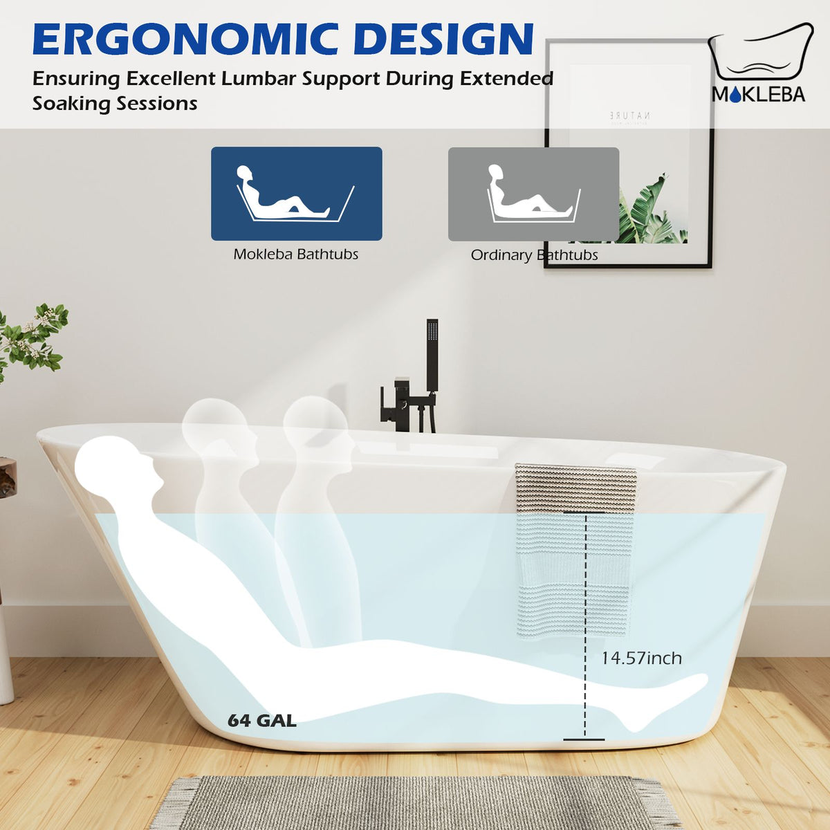 Mokleba Freestanding 65" Single Slipper Acrylic Bathtub Ergonomic Design