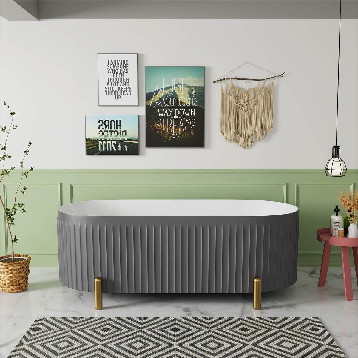 Mokleba Stylish 67'' Oval Acrylic Freestanding Soaking Bathtub-Matte Grey and Orange