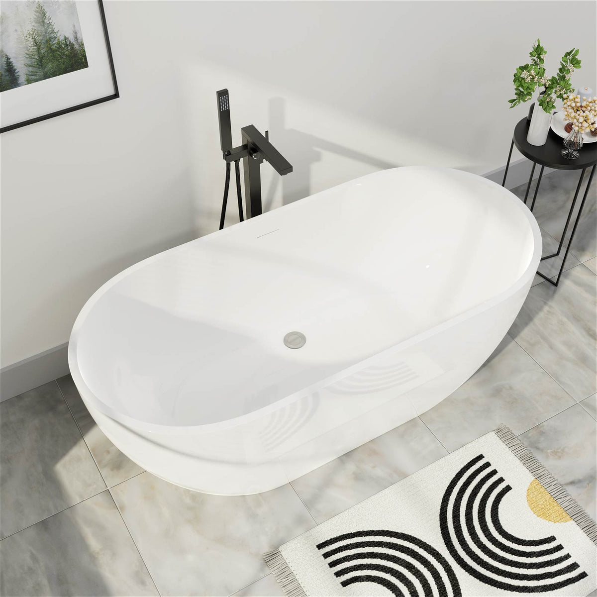 Mokleba 65"L x 28"W Glossy White Freestanding Acrylic Soaking Bathtub with Chrome Drain & Overflow