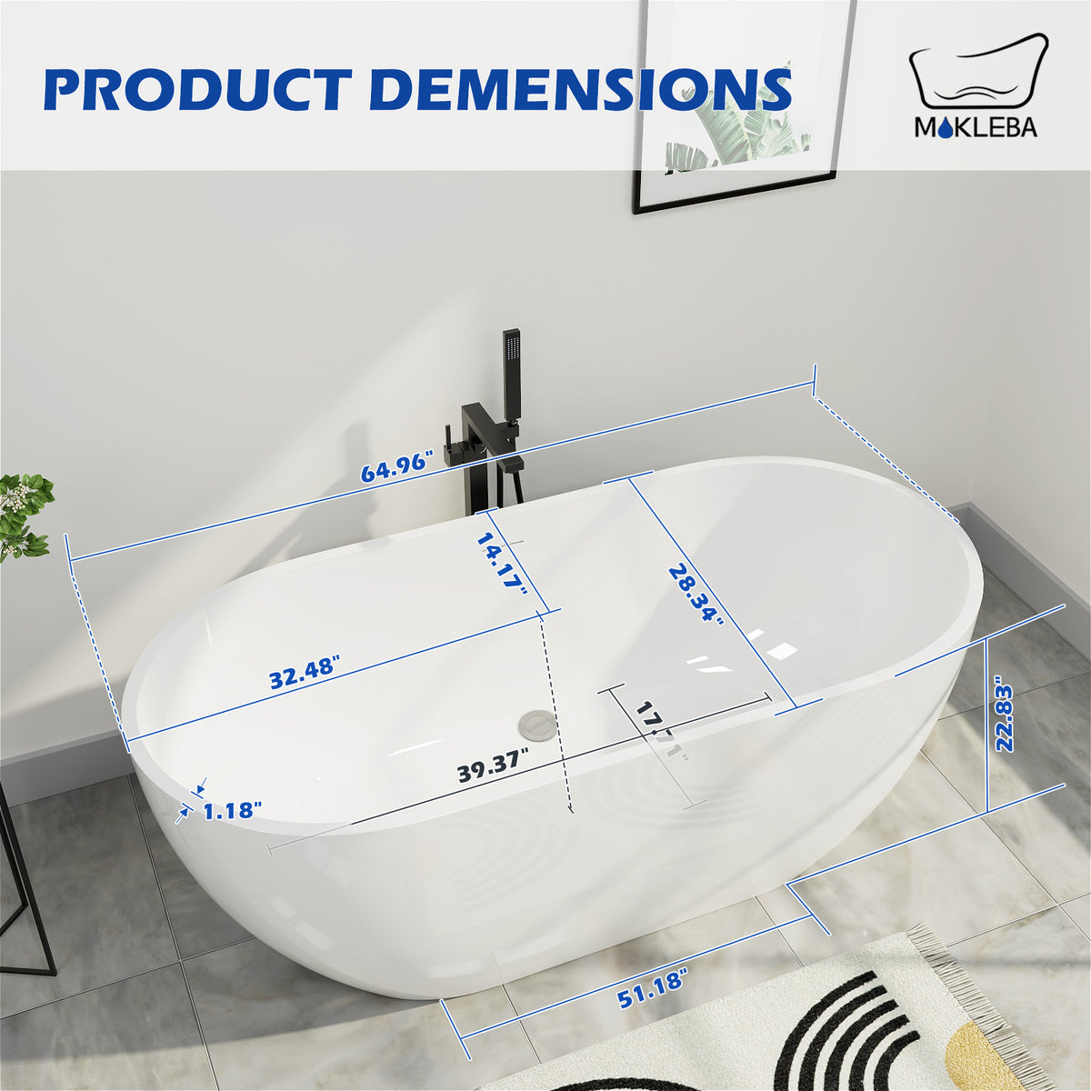 Mokleba 65"L x 28"W Glossy White Freestanding Acrylic Soaking Bathtub with Chrome Drain & Overflow