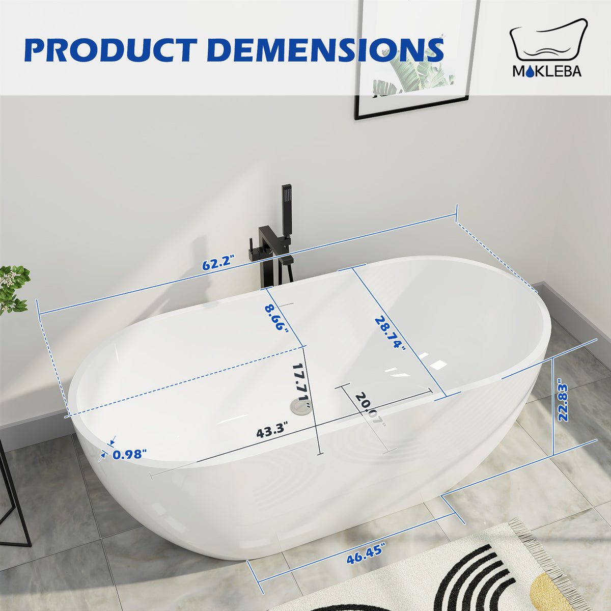 Mokleba 62" x 28" Oval Freestanding Acrylic Bathtub in White