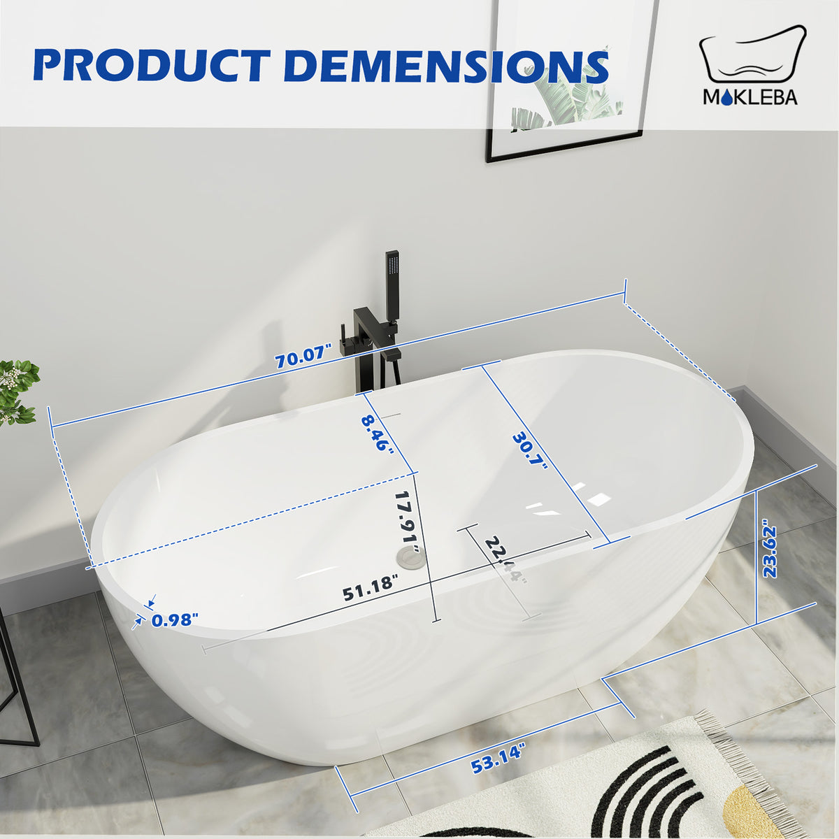 Mokleba 70" x 24" Oval Freestanding Acrylic Bathtub with Ergonomic Design & Insulation