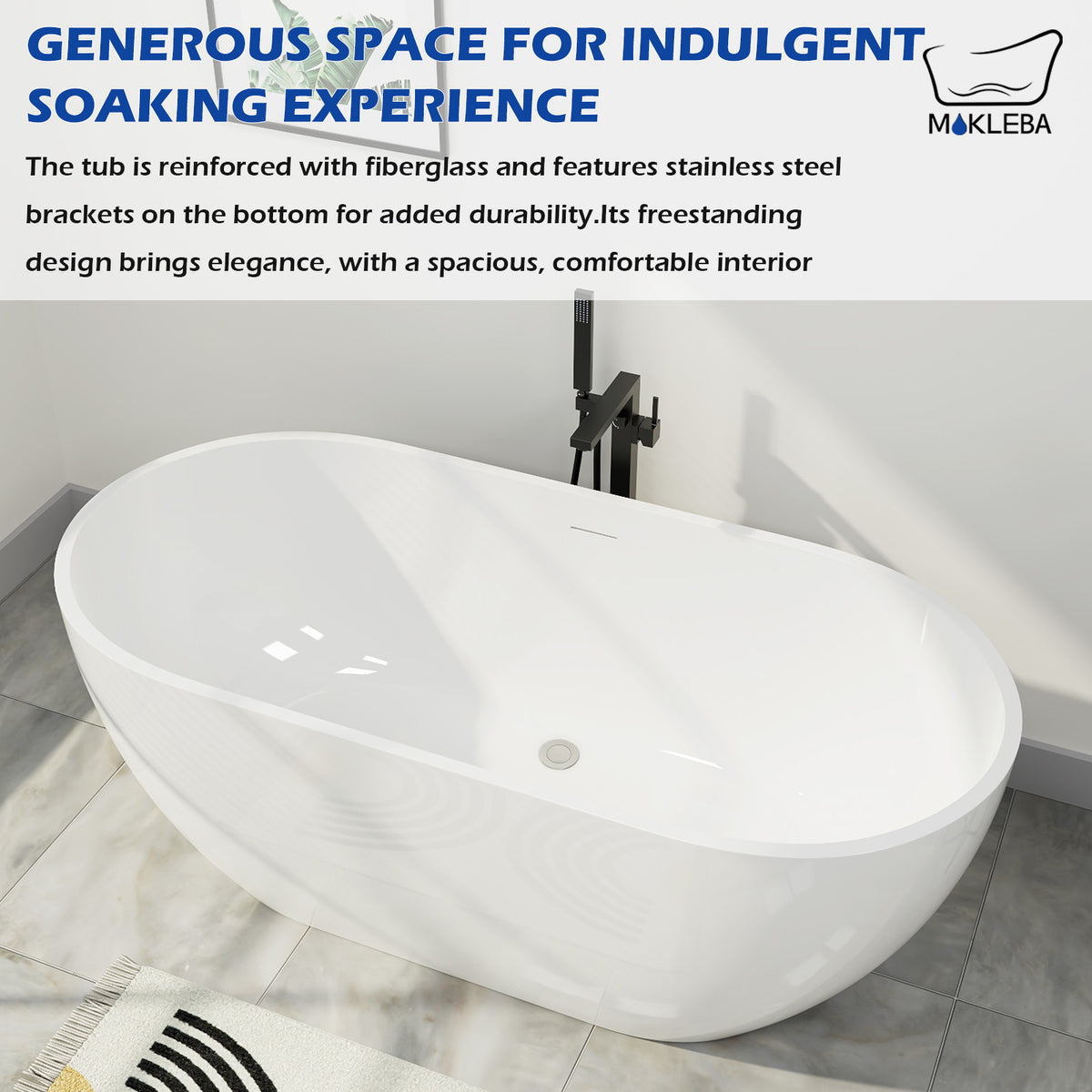 Mokleba 65"L x 28"W Glossy White Freestanding Acrylic Soaking Bathtub with Chrome Drain & Overflow