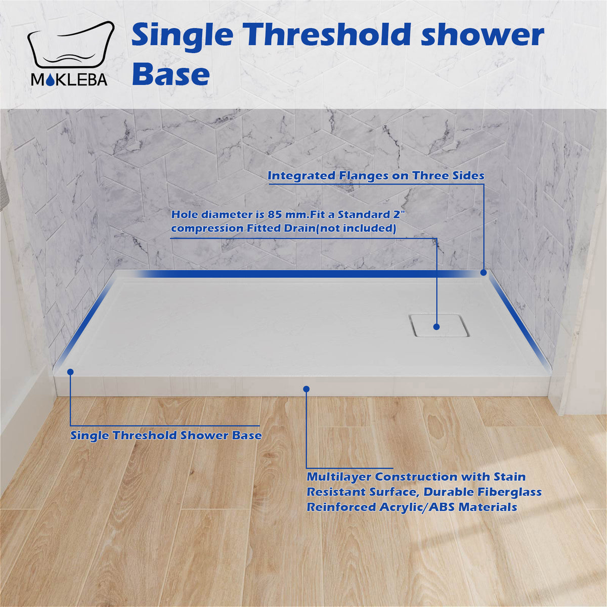 Mokleba 60"x32" Right Drain Shower Pan with Anti-Slip Rock Texture