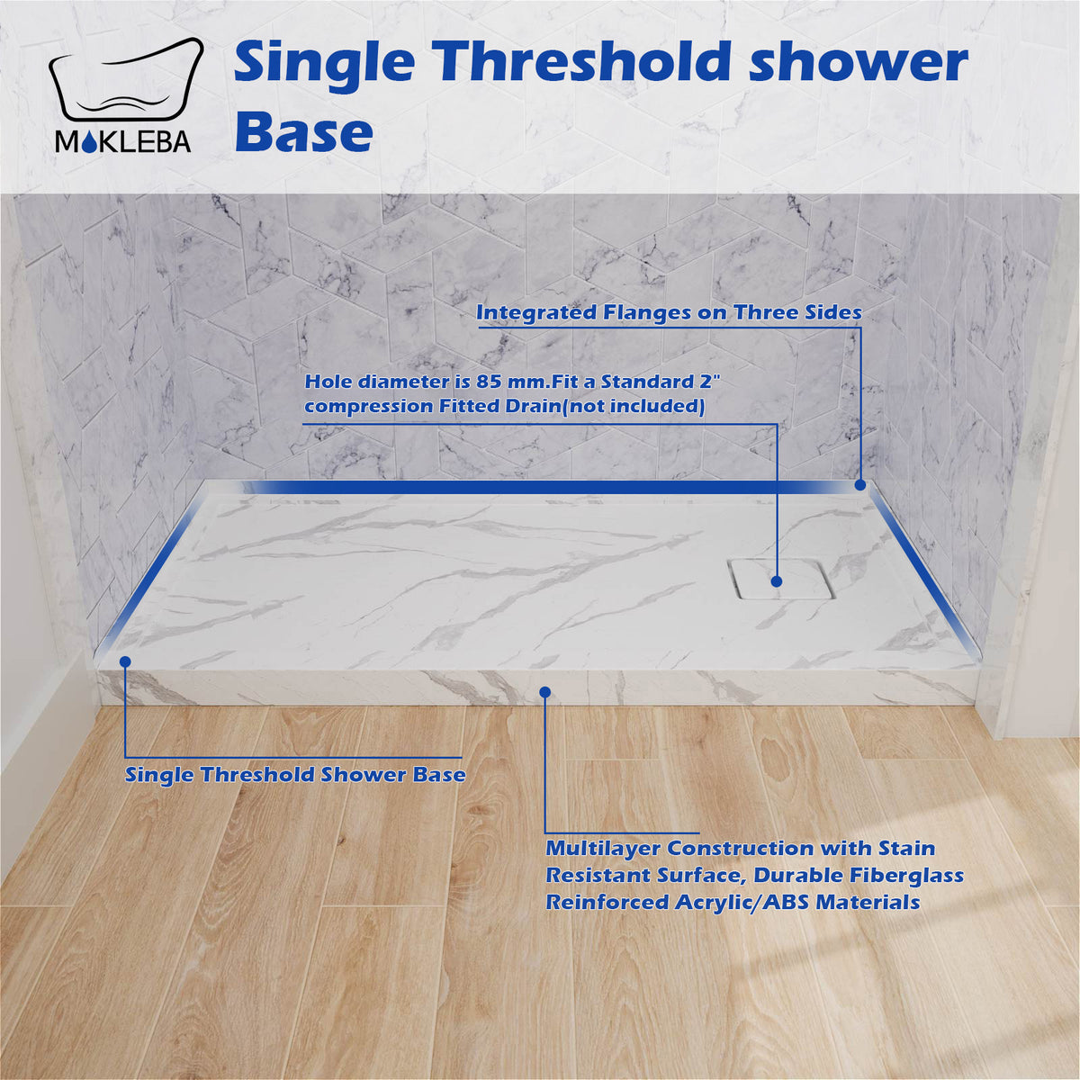 Mokleba 60"x32" Right Drain Shower Pan with Anti-Slip Rock Texture