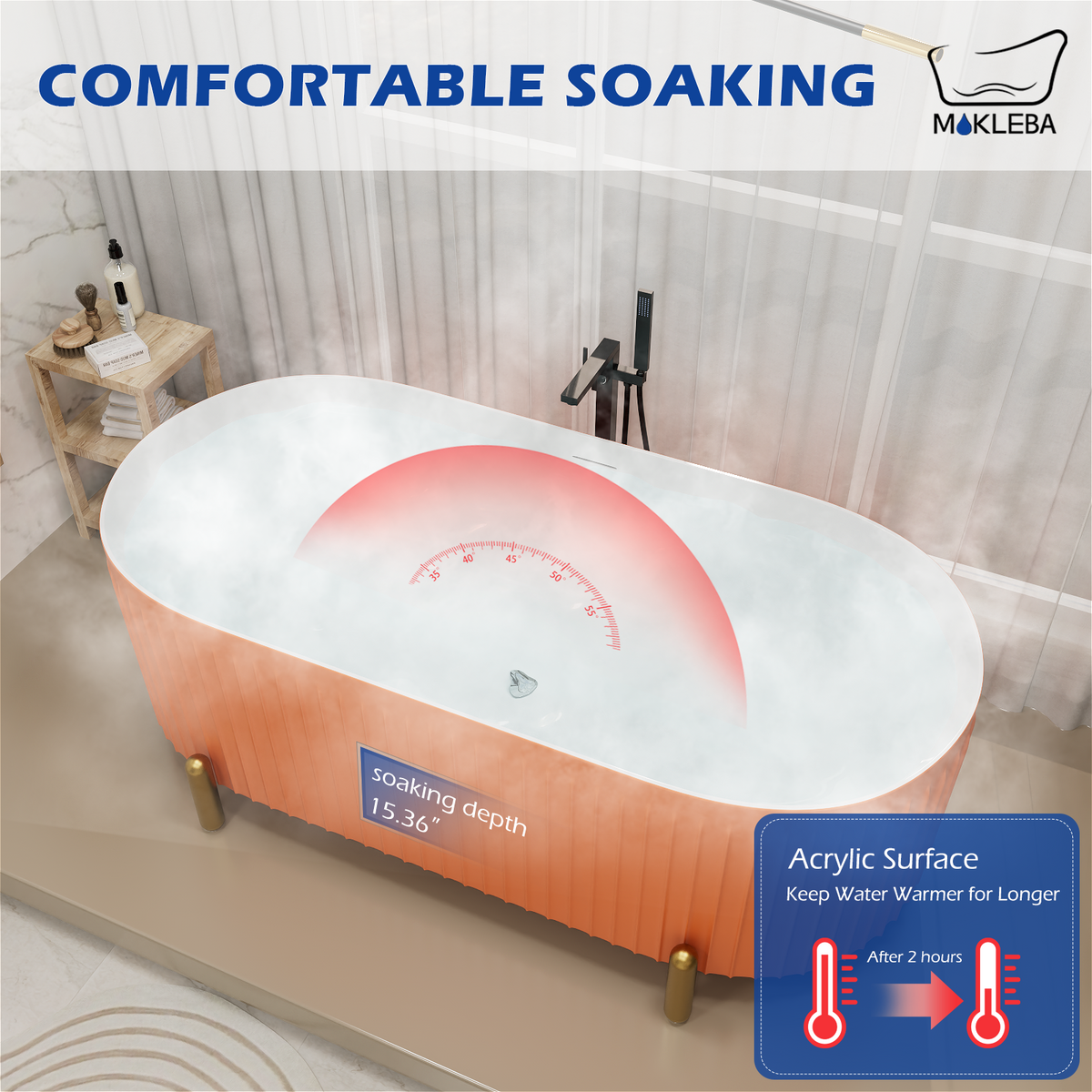 Mokleba Stylish 67'' Oval Acrylic Freestanding Soaking Bathtub-Matte Grey and Orange