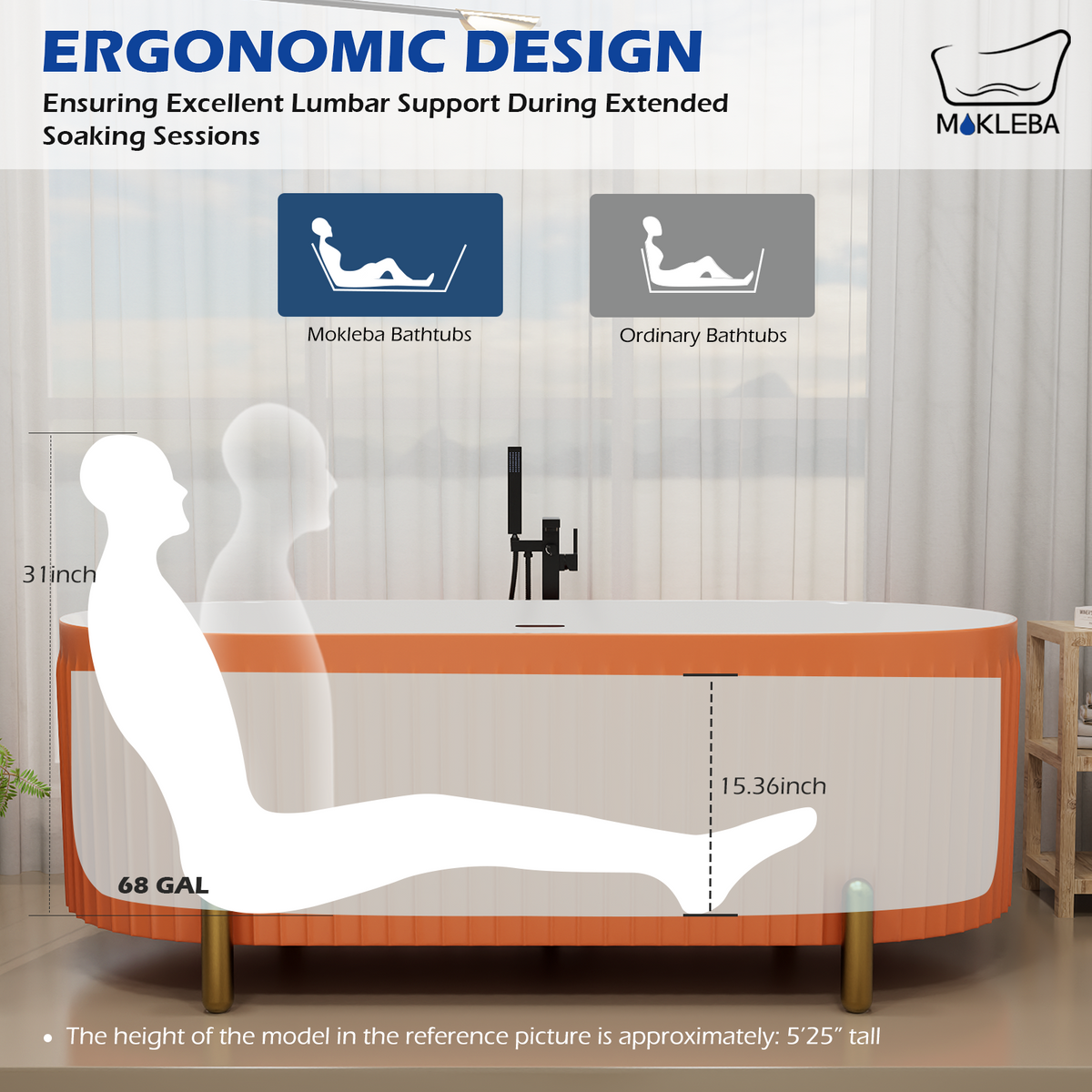 Mokleba Stylish 67'' Oval Acrylic Freestanding Soaking Bathtub-Matte Grey and Orange