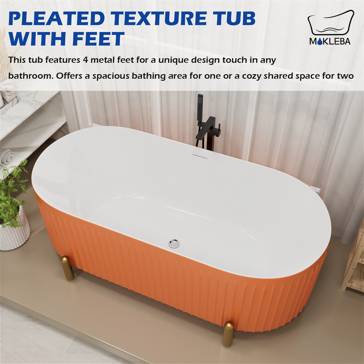 Mokleba Stylish 67'' Oval Acrylic Freestanding Soaking Bathtub-Matte Grey and Orange