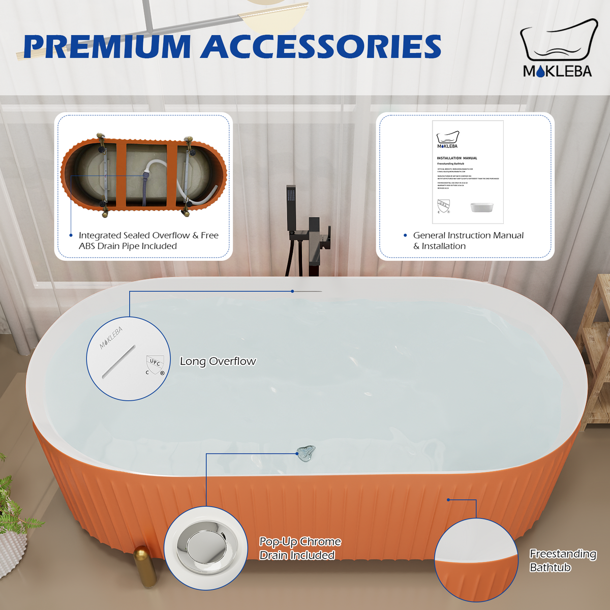 Mokleba Stylish 67'' Oval Acrylic Freestanding Soaking Bathtub-Matte Grey and Orange