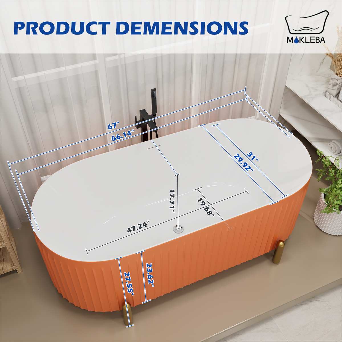 Mokleba Stylish 67'' Oval Acrylic Freestanding Soaking Bathtub-Matte Grey and Orange