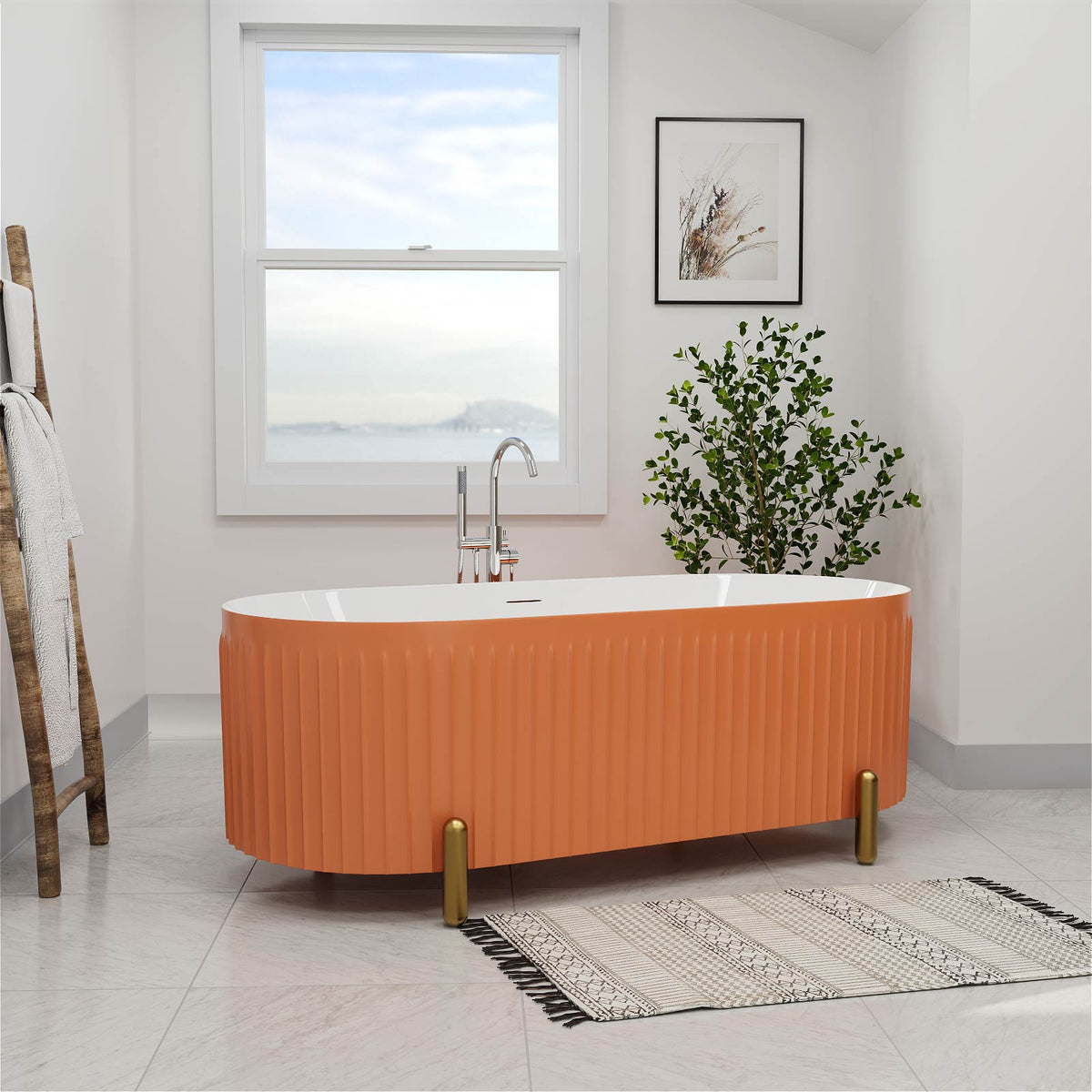 Mokleba Stylish 67'' Oval Acrylic Freestanding Soaking Bathtub-Matte Grey and Orange