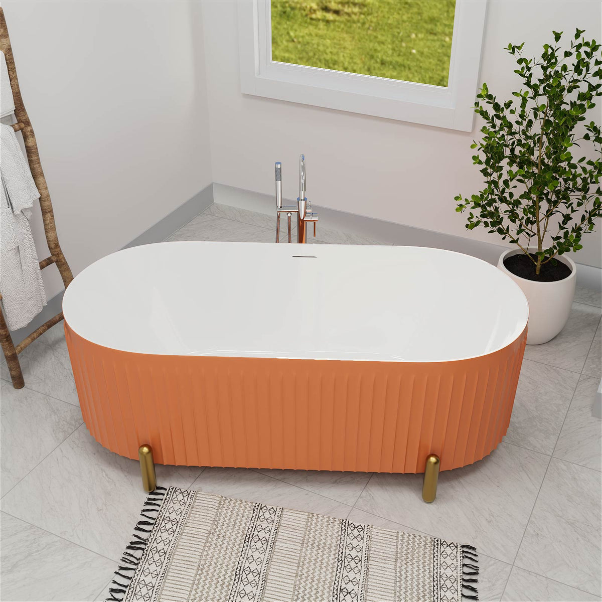Mokleba Stylish 67'' Oval Acrylic Freestanding Soaking Bathtub-Matte Grey and Orange
