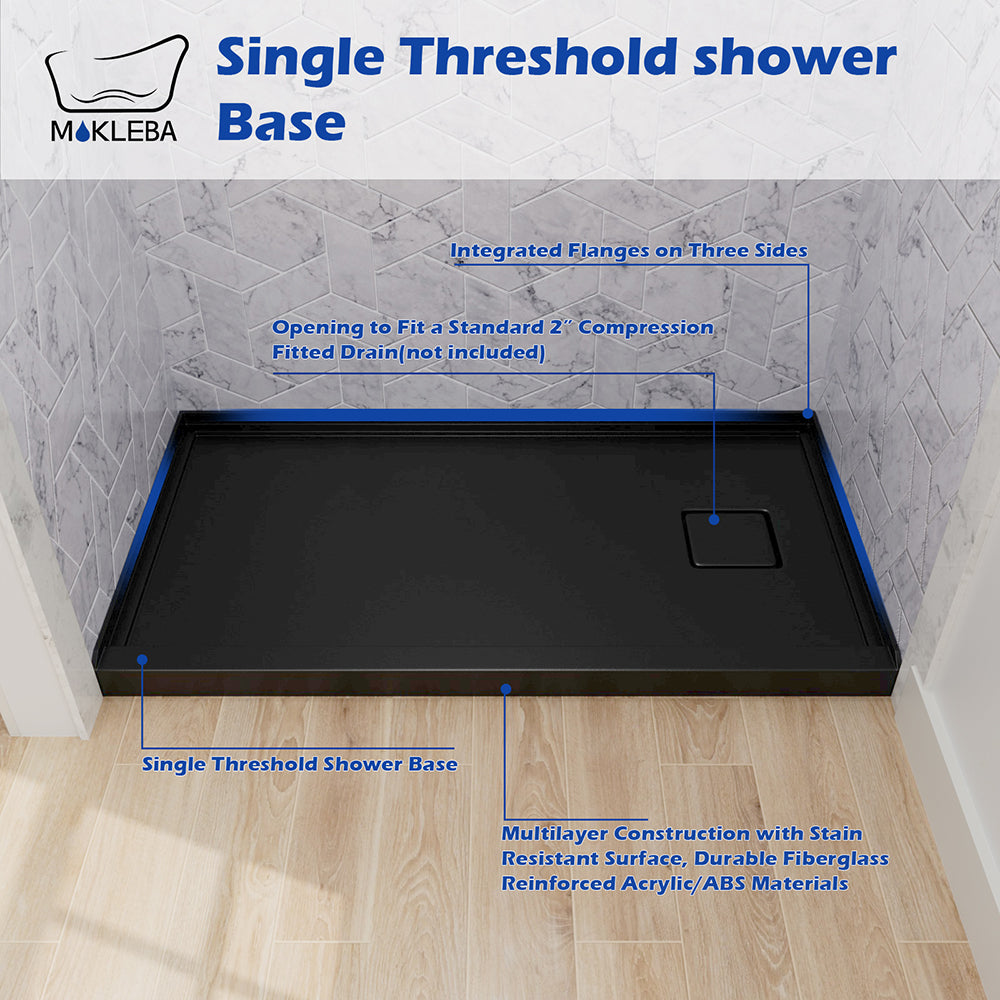 Mokleba 60"x32" Right Drain Shower Pan with Anti-Slip Rock Texture