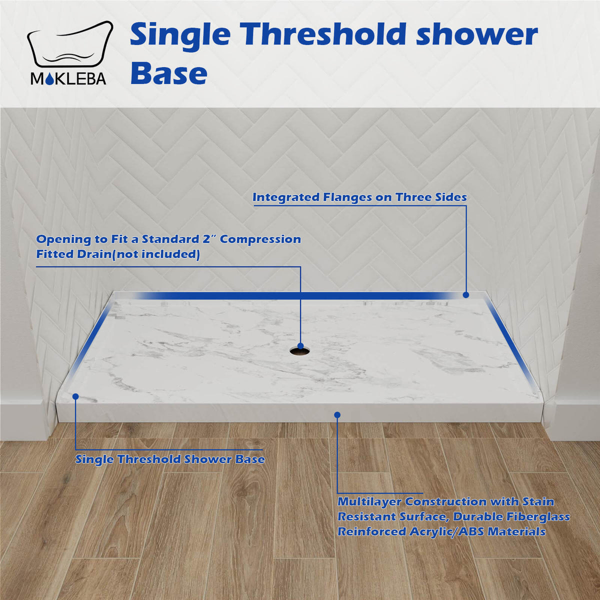 Mokleba 60"x36" Center Drain Anti-Slip Shower Pan