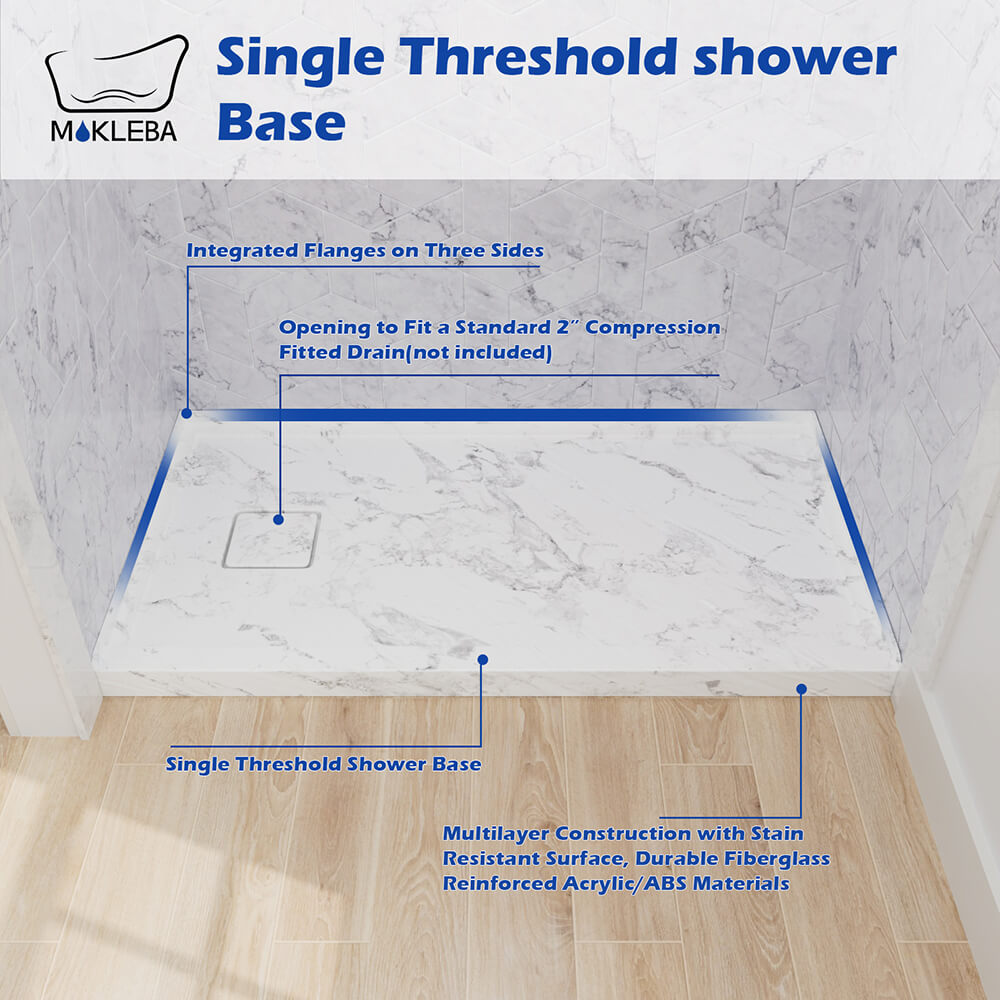 Mokleba 60"x32" Left Drain Shower Pan with Slip Resistant Rock Texture