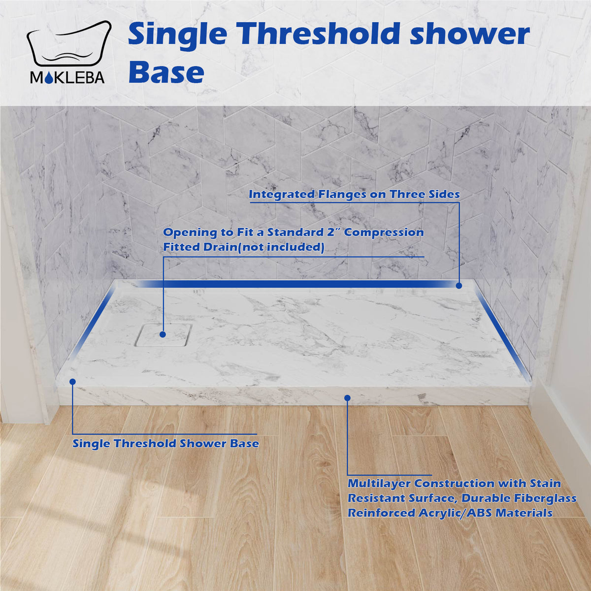 Mokleba 60"x32" Left Drain Shower Pan with Slip Resistant Rock Texture