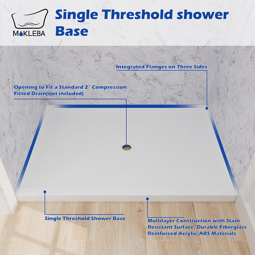 Mokleba 48"x32" Shower Base with Center Drain,  Acrylic Stone Composite Shower Pan, Slip-Resistant, No Mortar Installation
