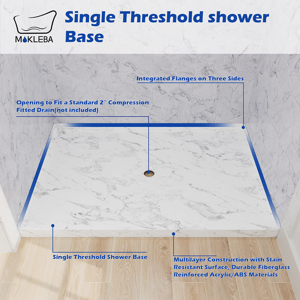 Mokleba 48"x32" Shower Base with Center Drain,  Acrylic Stone Composite Shower Pan, Slip-Resistant, No Mortar Installation