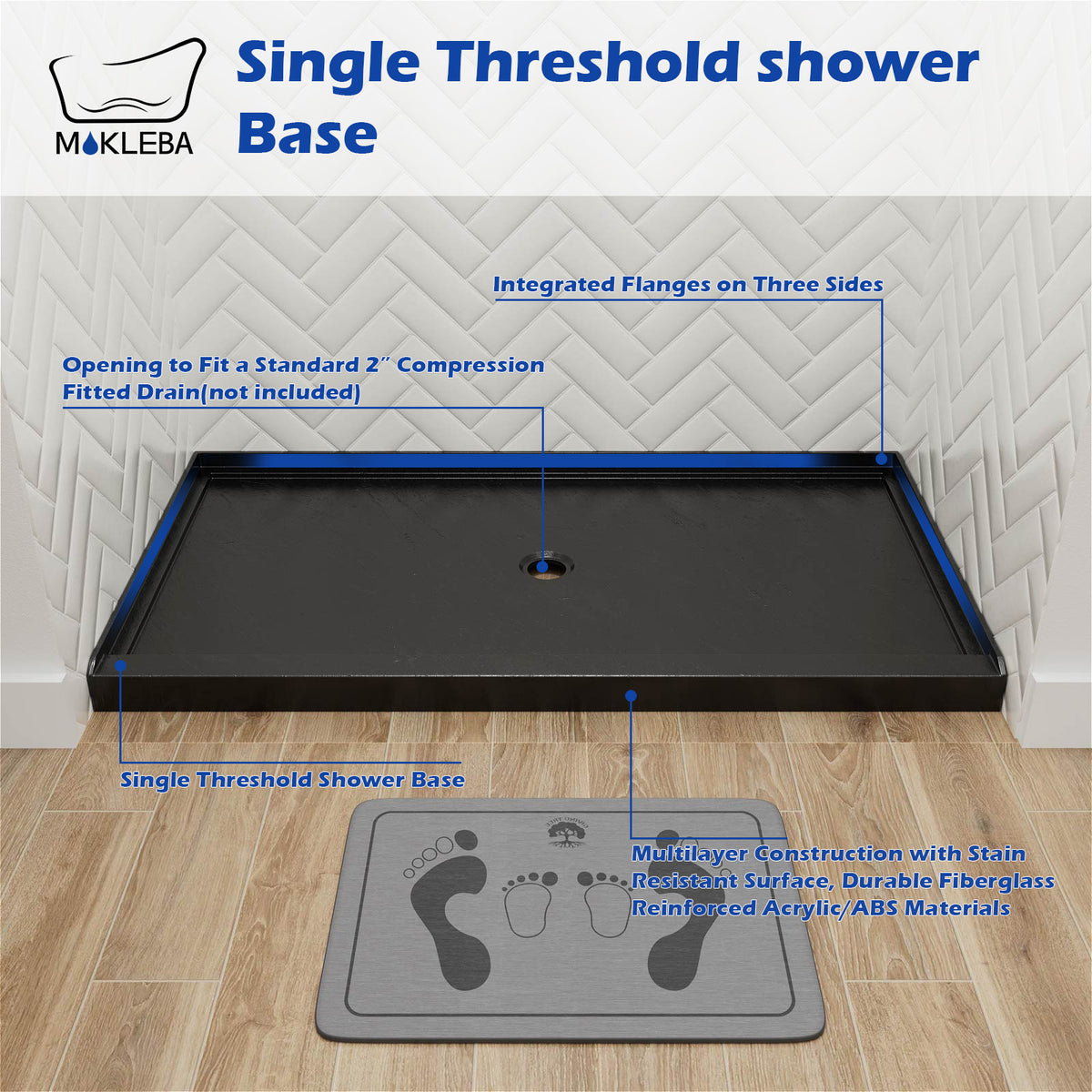 Mokleba 60"x36" Center Drain Anti-Slip Shower Pan