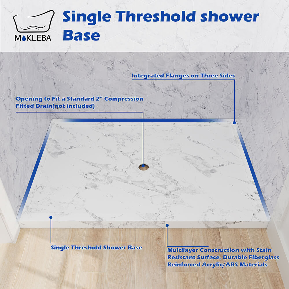 Mokleba 48"x32" Shower Base with Center Drain,  Acrylic Stone Composite Shower Pan, Slip-Resistant, No Mortar Installation